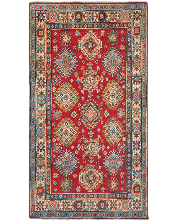 4x7 Red Kuba Afghan Hand Knotted Wool Area Rug